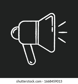Loudspeaker chalk white icon on black background. Alert with megaphone. Bullhorn sign. Broadcast audio. Volume of sound. Speak with mouthpiece. Isolated vector chalkboard illustration