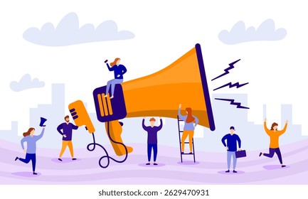 Loudspeaker design with pop voice and notebook texture showing megaphone communication in retro comic style for announcement banner and business offer on halftone background with media sticker

