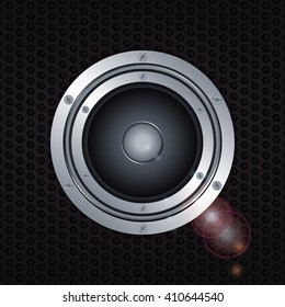 Loudspeaker with Double Ring and Screws Over Metallic Honeycomb Black Background with Lens Flares