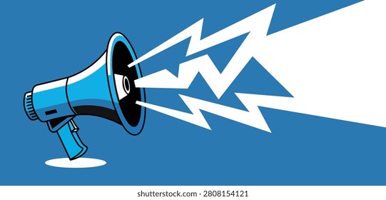 Loudspeaker emitting bright crackling lightning bolt burst megaphone blue crackle