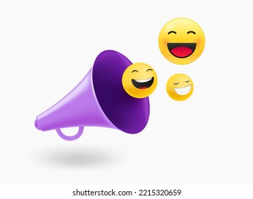 Loudspeaker with emoticons. 3d vector illustration