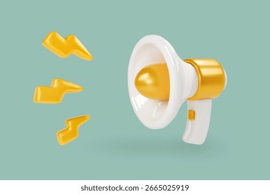 Altavoz y luz de flash. Concepto de tiempo de marketing, megáfono 3D realista, megáfono con relámpago. Ilustración vectorial de altavoz de color blanco y dorado