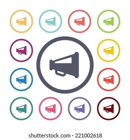 loudspeaker flat icons set. Open round colorful buttons. Vector 