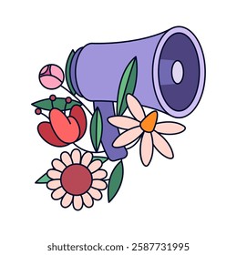 Loudspeaker and flowers. Vector illustration of woman public address or PA system. Women feminism speaker or activism speaking unit. Peaceful female protest symbol. Feminine activity. Womanhood