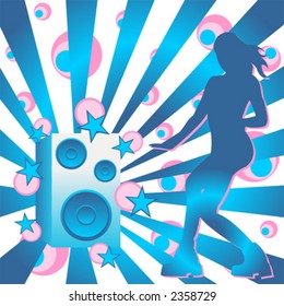 Loudspeaker and girl over abstract pattern