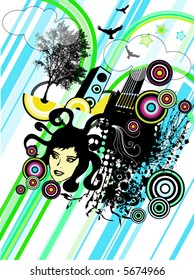 loudspeaker, girl, tree, many desing elements, retro background