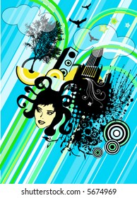 loudspeaker, girl, tree, many desing elements, retro background