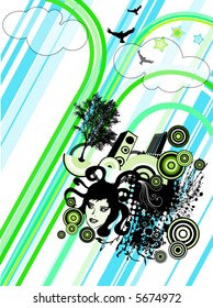 loudspeaker, girl, tree, many desing elements, retro background
