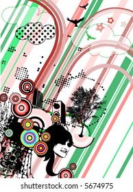 loudspeaker, girl, tree, many desing elements, retro background