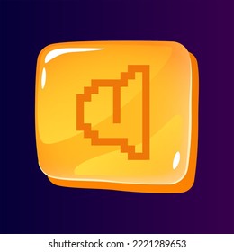 Botón ludaltavoz luciendo ui con icono pixelado. Tecnología digital. Elemento gráfico editable de 8 bits en forma cuadrada brillante. Imagen de interfaz de usuario vectorial aislada para web, móvil. Diseño de juegos de estilo retro