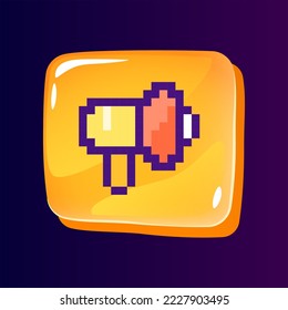 Loudspeaker glossy ui button with pixelated color icon. Event announcement. Online promotion. Editable 8bit graphic element on shiny glass rectangle shape. Isolated image for arcade, video game design