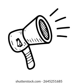 Vetor de doodle desenhado à mão em alto-falante. Objeto Megaphone. Buzina com amplificador de som. Dispositivo acústico. Grito alto. Equipamento de notificação com cabo. Elemento de arte da linha da ilustração.