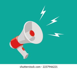 Loudspeaker, hand held megaphone on a blue background. The concept of social media marketing, advertising, speech, voice. Vector illustration in flat design.