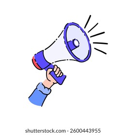 Loudspeaker in hand icon vector illustration. Hand holding megaphone speaker with confetti effect.