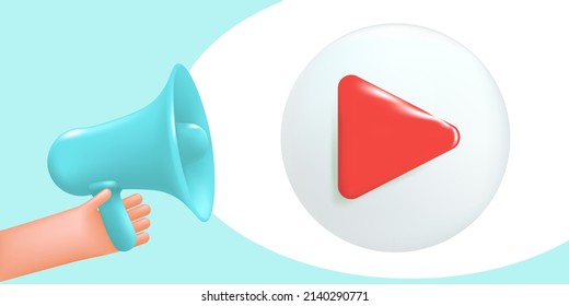 Loudspeaker in hand, megaphone broadcasting new video release. Advertisement for the release of new video content. 3D vector illustration for advertising and promotion, in cartoon comic style.