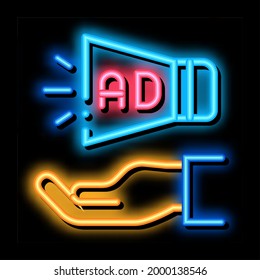 Loudspeaker Hand neon light sign vector. Glowing bright icon Loudspeaker Hand sign. transparent symbol illustration