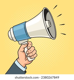 Loudspeaker in hand pinup pop art retro hand drawn vector illustration. Comic book style imitation.