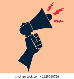Loudspeaker in hand. Protest. Demonstration. Freedom. Revolution. Stock. Vector illustration.