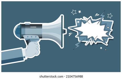 Loudspeaker in hand. Stylized image. Blue color palette. Vector illustration