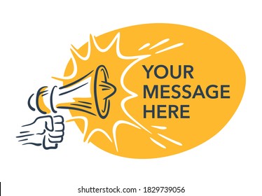 Loudspeaker in hand-drawn style and yellow copy space - isolated illustration for anouncement, broadcasting, hot news or other message types