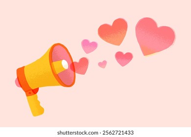 Loudspeaker with hearts for Valentine's Day. Love message. Pink megaphone. Love and romance. Retro style. Vector illustration.