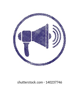 Loudspeaker icon with halftone dots print texture. Macro newspaper style vector symbol.
