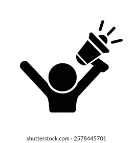  loudspeaker icon, man with megaphone, stickman silhouette stick figure, announcement, simple flat black, isolated on transparent