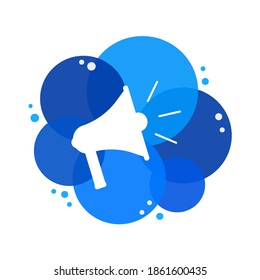 Loudspeaker icon. Megaphone sign. Announcement symbol. White icon on blue circles background. Vector illustration