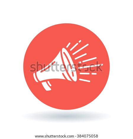 Loudspeaker icon. Megaphone sign. Announcement symbol. White icon on red circle background. Vector illustration.