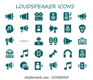  loudspeaker icon set. 30 filled loudspeaker icons. Simple modern icons about  - Megaphone, Music, Speaker, Speakers, Loudspeaker, Scream, Voice message, DJ, Protest, Horn, Audio
