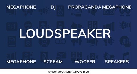  loudspeaker icon set. 32 filled loudspeaker icons. on blue background style Simple modern icons about  - Megaphone, DJ, Propaganda, Scream, Woofer, Speakers, Speaker, Loudspeaker
