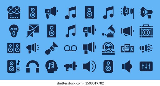 loudspeaker icon set. 32 filled loudspeaker icons. on blue background style Simple modern icons about  - Music, Scream, Speakers, Subwoofer, Mute, Megaphone, Audio, Speaker, Horn