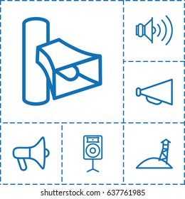Loudspeaker icon. set of 6 loudspeaker outline icons such as megaphone, volume, loudspeaker