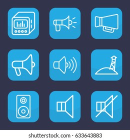Loudspeaker icon. set of 9 outline loudspeaker icons such as volume, megaphone, no sound, loud speaker with equalizer, loudspeaker