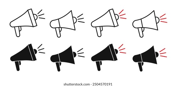 Loudspeaker icon set. Announcement speaker vector symbol. Hand hailer sign. Speak loudhailer symbol. Megaphone news announce pictogram. Bullhorn line sign.