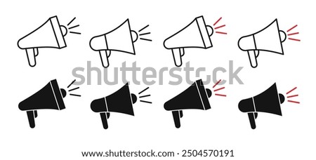 Loudspeaker icon set. Announcement speaker vector symbol. Hand hailer sign. Speak loudhailer symbol. Megaphone news announce pictogram. Bullhorn line sign.