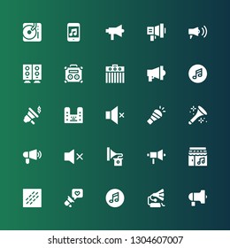 loudspeaker icon set. Collection of 25 filled loudspeaker icons included Protest, Gramophone, Music, Megaphone, Noise, Mute, Horn, Muted, Amplifier, Woofer, DJ