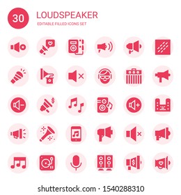 loudspeaker icon set. Collection of 30 filled loudspeaker icons included Mute, Megaphone, Music, Horn, Gramophone, DJ, Amplifier, Reduce volume, Loudspeaker, Volume up, Muted