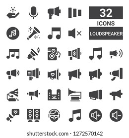 loudspeaker icon set. Collection of 32 filled loudspeaker icons included Reduce volume, Volume up, Music, DJ, Woofer, Megaphone, Gramophone, Loudspeaker, Mute, Horn, Fade buttons