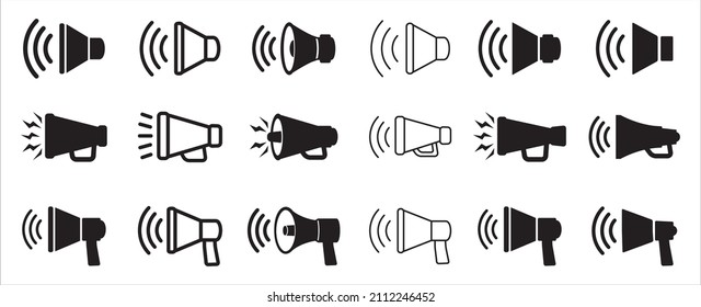 Loudspeaker icon set. Megaphone and speaker horn vector icons set. Symbol of shouting, scream, noise, public speech freedom, advertise, advertising, and broadcast. Simple flat design illustration.