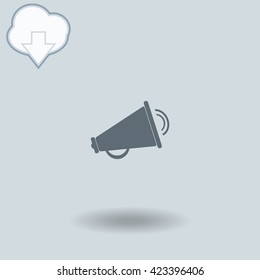 Loudspeaker icon with shadow. Cloud of download with arrow.