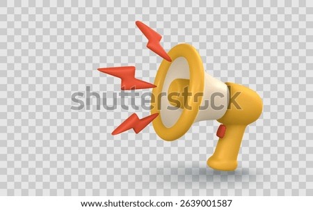 Loudspeaker Icon With Sound Waves, 3D Rendered Megaphone in Yellow and Red for Marketing, Announcement, or Alert Concepts. Isolated on Transparent Background. Vector Illustration.