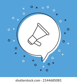 Loudspeaker icon in white speech bubble with decorative elements on a blue background. Modern graphic announcement with thin line symbol. Vector illustration EPS 10