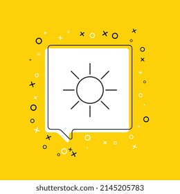Icono de altavoz en burbuja de habla blanca con elementos decorativos en un fondo amarillo. Anuncio gráfico moderno con símbolo de línea delgada. Ilustración del vector EPS 10