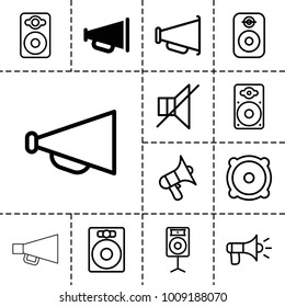 Loudspeaker icons. set of 13 editable outline loudspeaker icons such as megaphone, speaker, volume, no sound