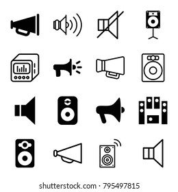 Loudspeaker icons. set of 16 editable filled and outline loudspeaker icons such as megaphone, speaker, loud speaker set, no sound, loud speaker with equalizer