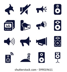 loudspeaker icons set. Set of 16 loudspeaker filled icons such as volume, speaker, no sound, loud speaker with equalizer, megaphone