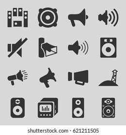 Loudspeaker icons set. set of 16 loudspeaker filled icons such as volume, megaphone, no sound, speaker, loud speaker set, loudspeaker, loud speaker with equalizer