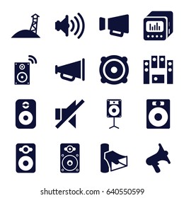 Loudspeaker icons set. set of 16 loudspeaker filled icons such as volume, speaker, megaphone, no sound, loud speaker set, loud speaker with equalizer