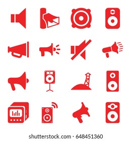 Loudspeaker icons set. set of 16 loudspeaker filled icons such as volume, speaker, megaphone, no sound, loud speaker with equalizer